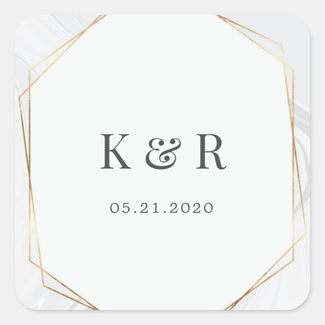 gold geometric marble wedding monogram square stic square sticker (Front)