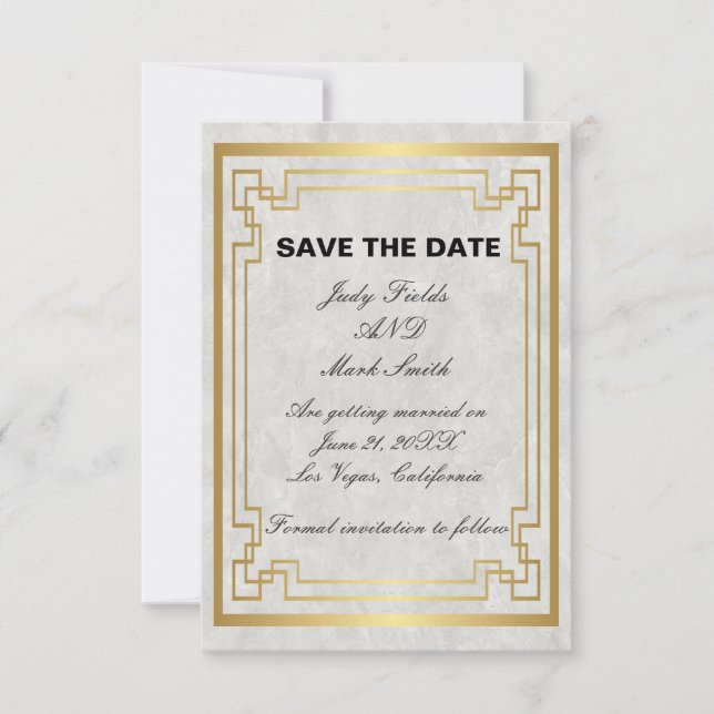 Gold Geometric Marble Wedding Save The Date Card (Front)