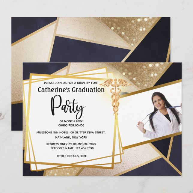Gold geometric navy DIY photo caduceus graduation Invitation (Front/Back)