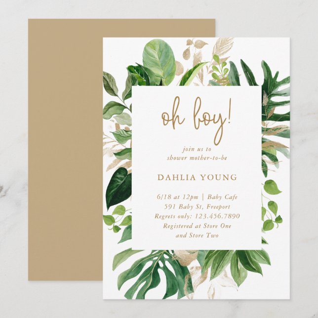 Gold Geometric Oh Boy Tropical Baby Shower Invitation (Front/Back)