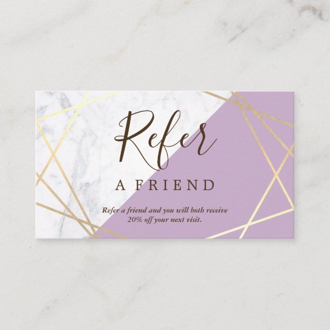 Gold Geometric Pattern Marble Lavender Referral Business Card (Front)