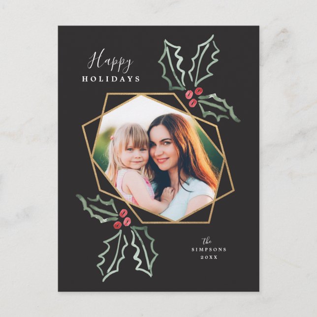 Gold Geometric Photo Watercolor Holly Christmas Postcard (Front)