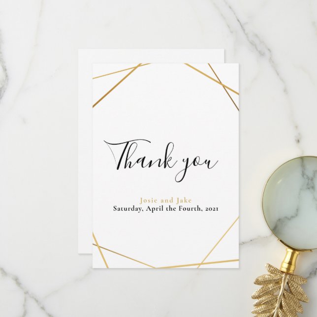 Gold geometric photo wedding thank you card (Front/Back In Situ)