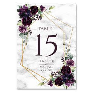 Gold Geometric Plum Purple Marble Elegant Wedding Table Number