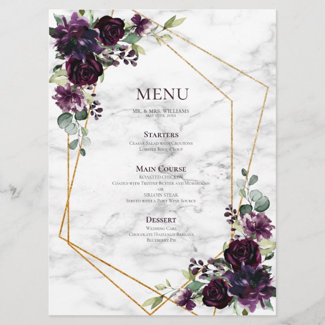 Gold Geometric Plum Purple Marble Floral Wedding Menu (Front)