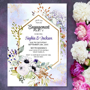 Gold Geometric Purple Floral Engagement Party Invitation