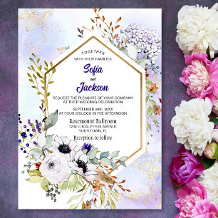 Gold Geometric Purple Floral Wedding Invitation