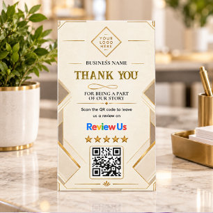 Gold Geometric QR Code Thank You Review Business Card