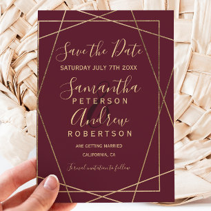 gold geometric red burgundy script save the date announcement postcard