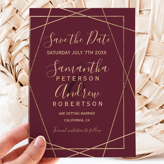 gold geometric red burgundy script save the date announcement postcard (Creator Uploaded)