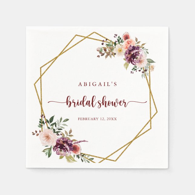 Gold Geometric Rustic Floral Bridal Shower Napkins (Front)