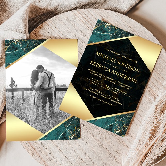 Gold Geometric Teal Blue Marble Photo Wedding Invitation (Creator Uploaded)