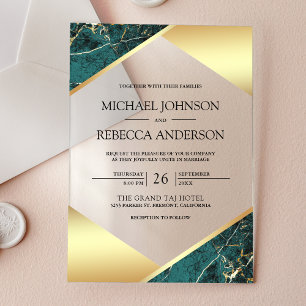 Gold Geometric Teal Marble Wedding Acrylic Invitations