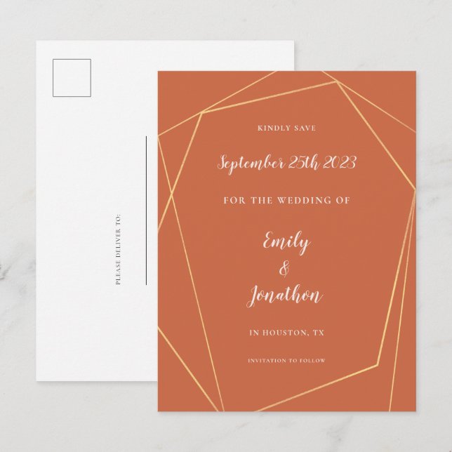 Gold Geometric Terracotta Wedding Save The Date An Announcement Postcard (Front/Back)