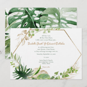 Gold Geometric Tropical Green Palm Leaves Wedding Invitation