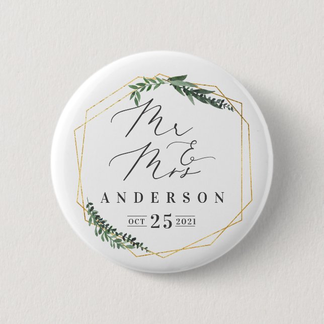 gold geometric watercolor foliage 2 inch round button (Front)