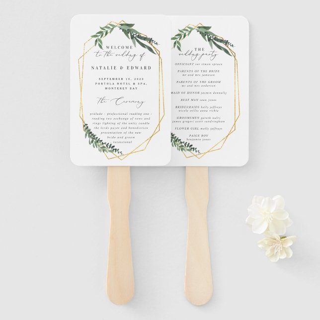 gold geometric watercolor foliage hand fan (Front and Back)