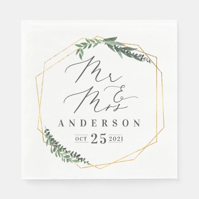 gold geometric watercolor foliage napkin (Front)