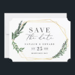 gold geometric watercolor foliage save the date<br><div class="desc">bold modern design featuring a gold geometric frame with beautiful watercolor leafy foliage. This elegant rustic collection is a great addition to a fall or spring wedding and features all the products you will need for your special day - save the dates,  invitations,  table planners and more.</div>