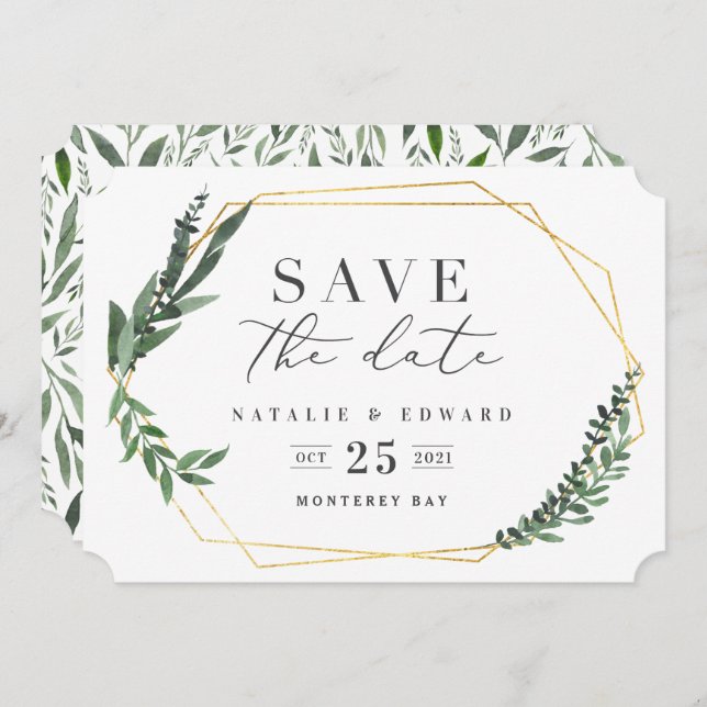gold geometric watercolor greenery invitation (Front/Back)