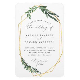 Gold geometric watercolor leafy frame wedding magnet
