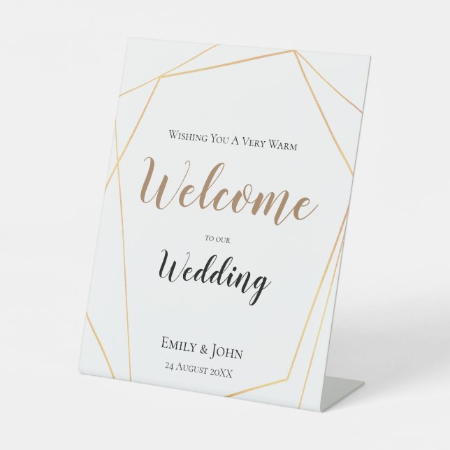 Gold Geometric Welcome To Our Wedding Pedestal Sign (Front)