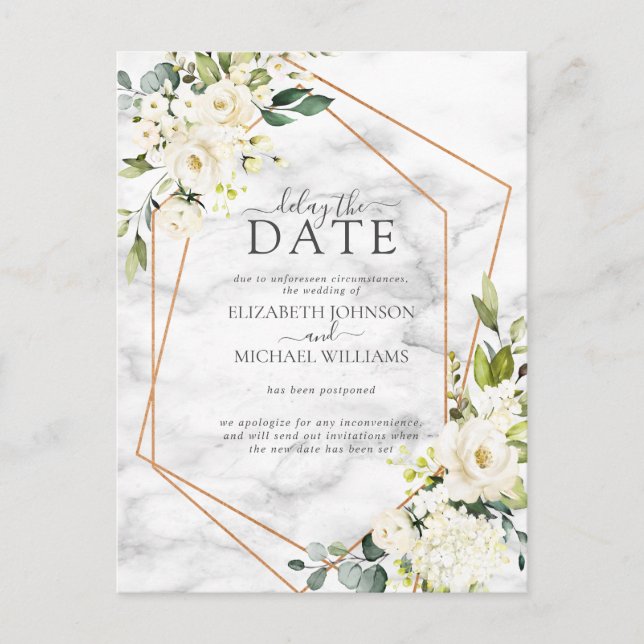Gold Geometric White Floral Marble Delay The Date Announcement Postcard (Front)