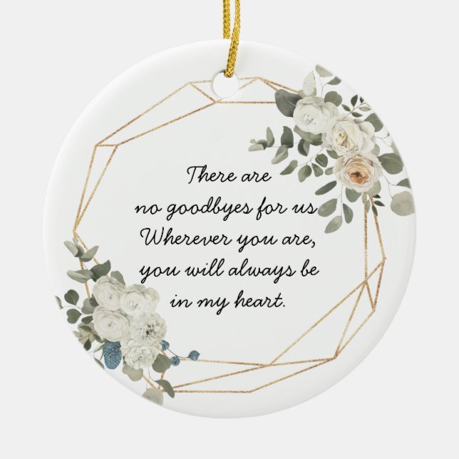 Gold Geometric White Floral Memorial Poem Ceramic Ornament (Front)