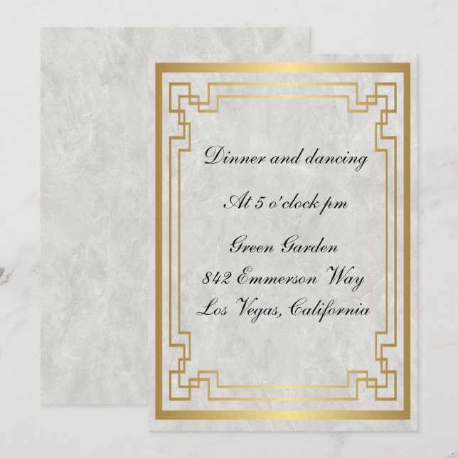 Gold Geometric White Marble Wedding Reception Card (Front/Back)