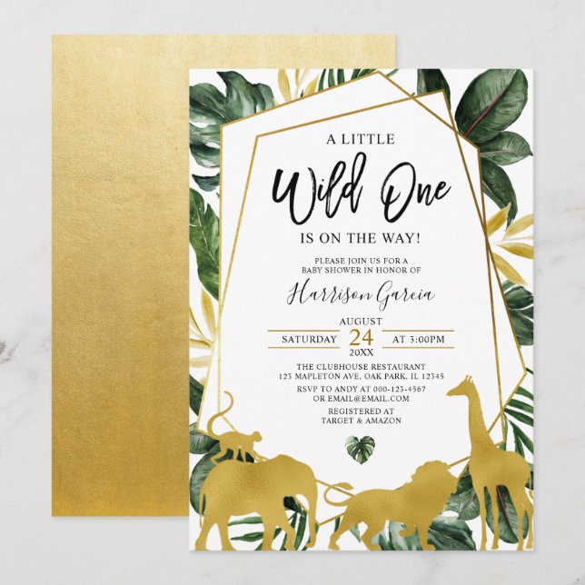 Gold Geometric Wild One Jungle Animals Baby Shower Invitation (Front/Back)