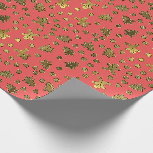 Gold Ginger Bread On Pink Christmas Wrapping Paper (Corner)