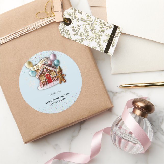 Gold Gingerbread House Baby Shower Classic Round Sticker (Gifting)