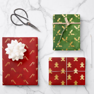 Gold Gingerbread Men, Holly and Candy Canes Wrapping Paper Sheet