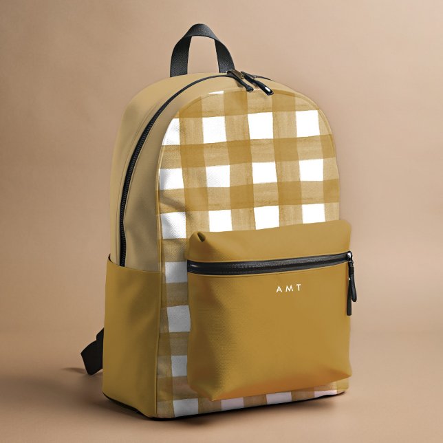 Gold Gingham Watercolor Personalized Name Initial Printed Backpack (Creator Uploaded)