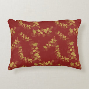 Gold Gingko Balboa Leaves on Dark Red Background Accent Pillow