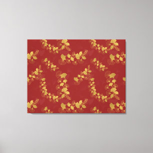 Gold Gingko Balboa Leaves on Dark Red Background Canvas Print