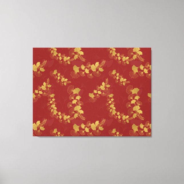 Gold Gingko Balboa Leaves on Dark Red Background Canvas Print (Front)