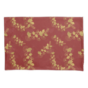 Gold Gingko Balboa Leaves on Dark Red Background Pillowcase