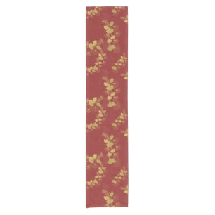 Gold Gingko Balboa Leaves on Dark Red Background Short Table Runner