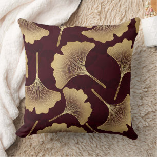 Gold Ginkgo Leaves Burgundy Botanical Pattern Throw Pillow