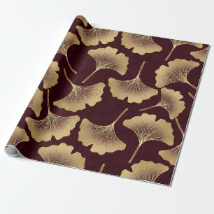Gold Ginkgo Leaves Burgundy Botanical Pattern Wrapping Paper