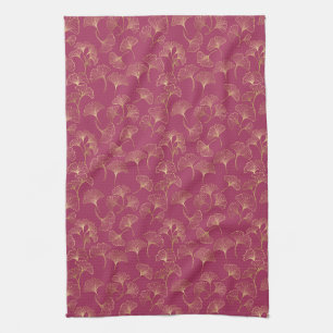 Gold Ginkgo Leaves Burgundy Luxury Botanical Kitchen Towel