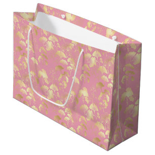 Gold Ginkgo Leaves on Blush Pink Botanical Pattern Large Gift Bag