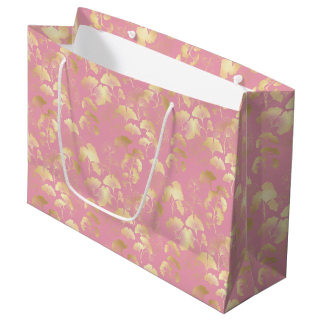 Gold Ginkgo Leaves on Blush Pink Botanical Pattern Large Gift Bag (Front Angled)