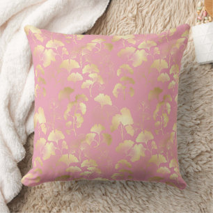 Gold Ginkgo Leaves on Blush Pink Botanical Pattern Throw Pillow