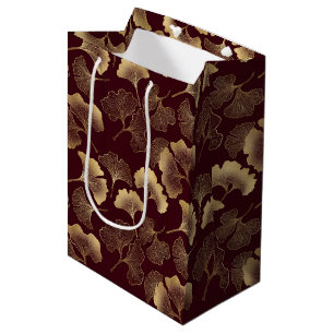 Gold Ginkgo Leaves on Red Elegant Botanical (1) Medium Gift Bag