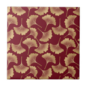 Gold Ginkgo Leaves on Red Elegant Botanical (6) Tile