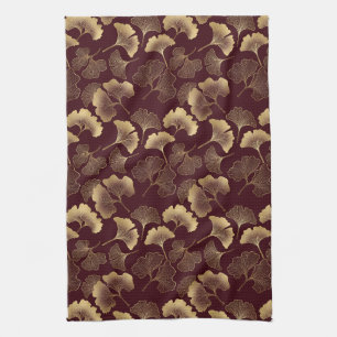 Gold Ginkgo Leaves on Red Elegant Botanical Kitchen Towel