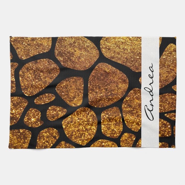 Gold Giraffe, Gold Glitter, Jungle, Your Name Kitchen Towel (Horizontal)