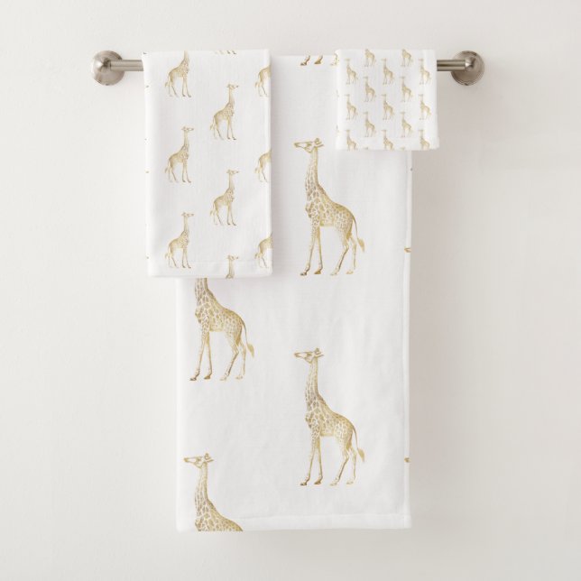 GOLD GIRAFFE JUNGLE WHITE BATHROOM TOWEL SET (Insitu)